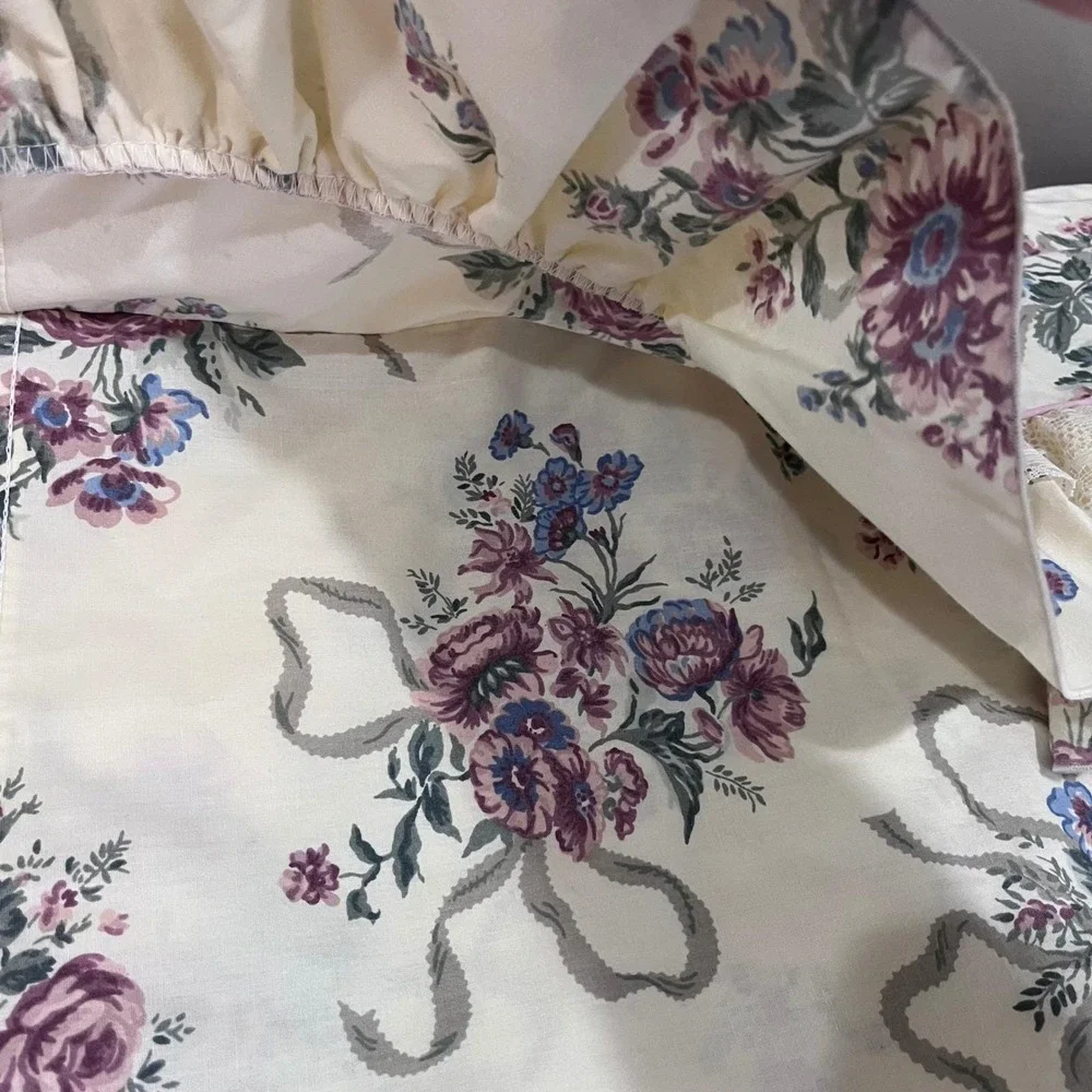 Handmade Floral Rose Ribbon Ruffle Lace Curtain Panels Cream Purple 39x86 Set‎ 2